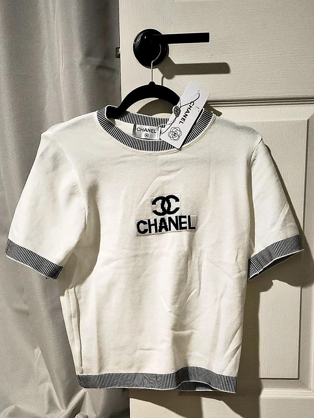 Chanel Striped Logo Short Sleeve Top in White & Black NWT